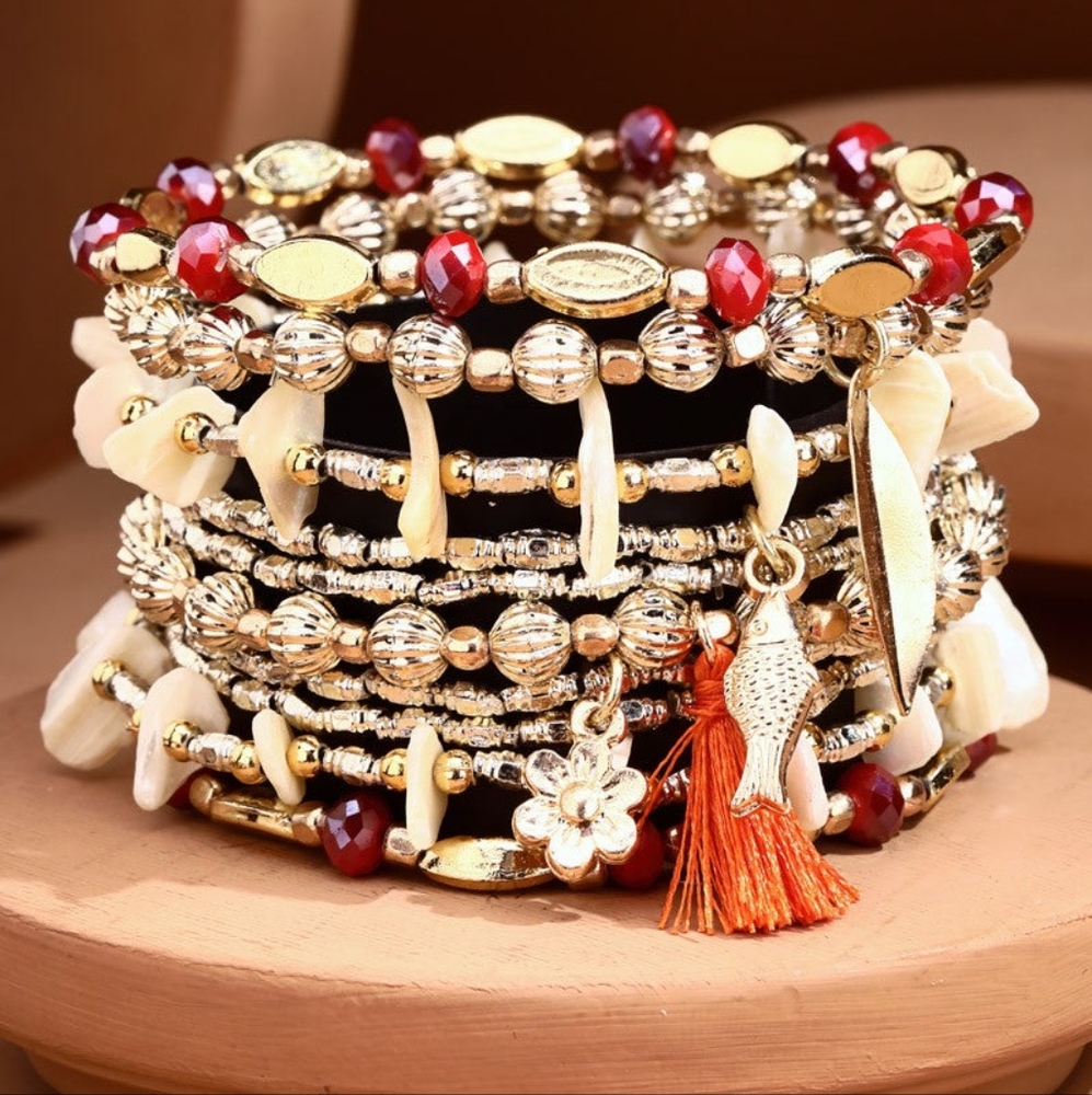 Whimsical Metal & Stone Bead Stretch Bracelet Set w Charms & Tassel